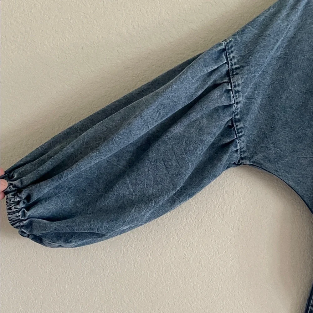 Women Denim Button-Up Ballon Sleeve Romper w/ Belt XL Causal Cotton Contemporary